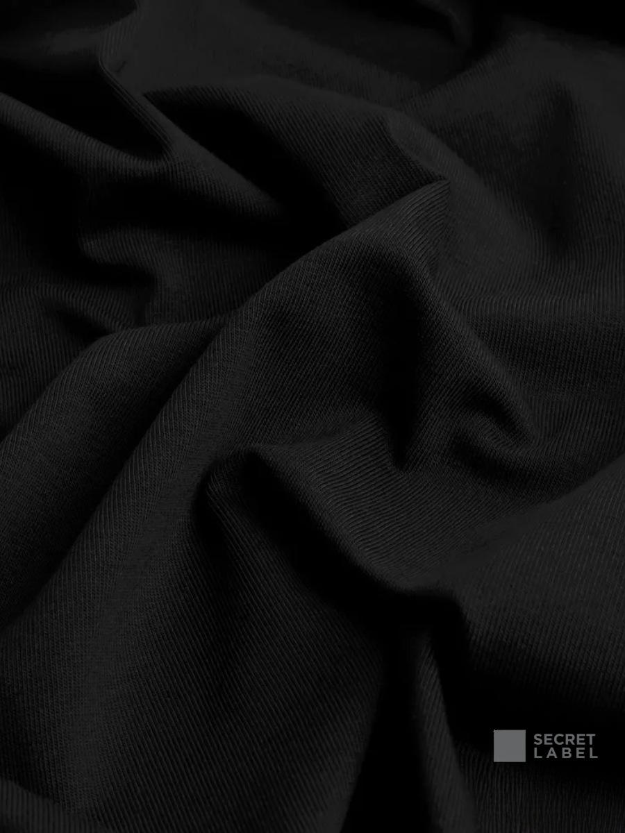 Макросъёмка переплетения нити чёрной ткани Secret Label — кулирная гладь