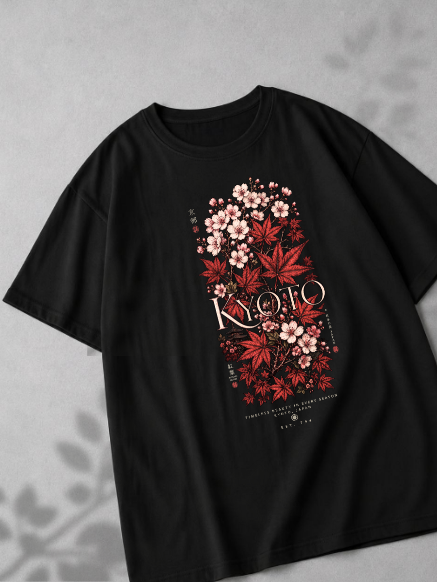 Крупный план DTF-принта «Kyoto» с сакурой на чёрной футболке Secret Label